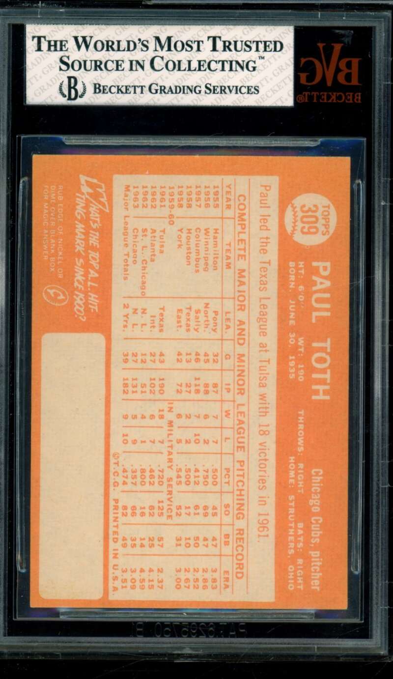 Paul Toth Card 1964 Topps #309 BGS BVG 8 Image 2