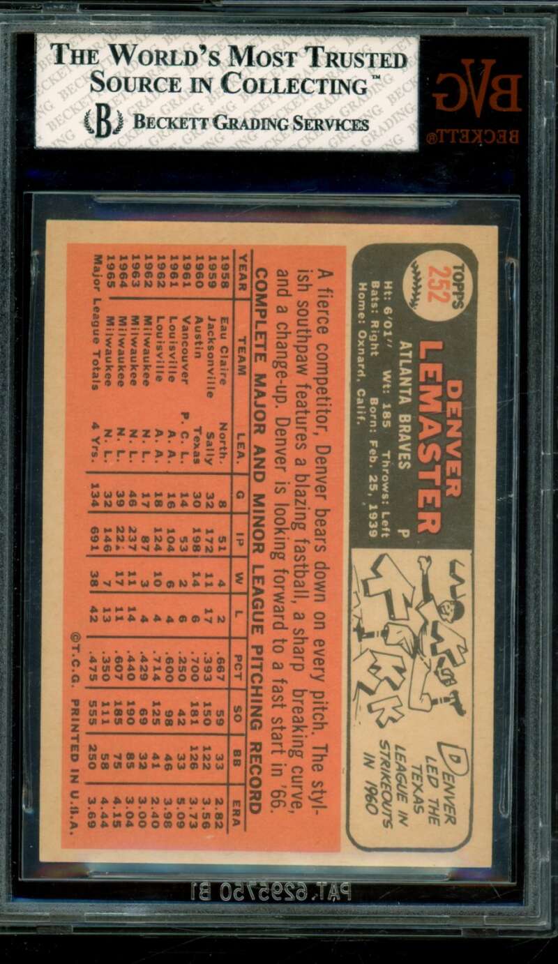 Denny Lemaster Card 1966 Topps #252 BGS BVG 8 Image 2