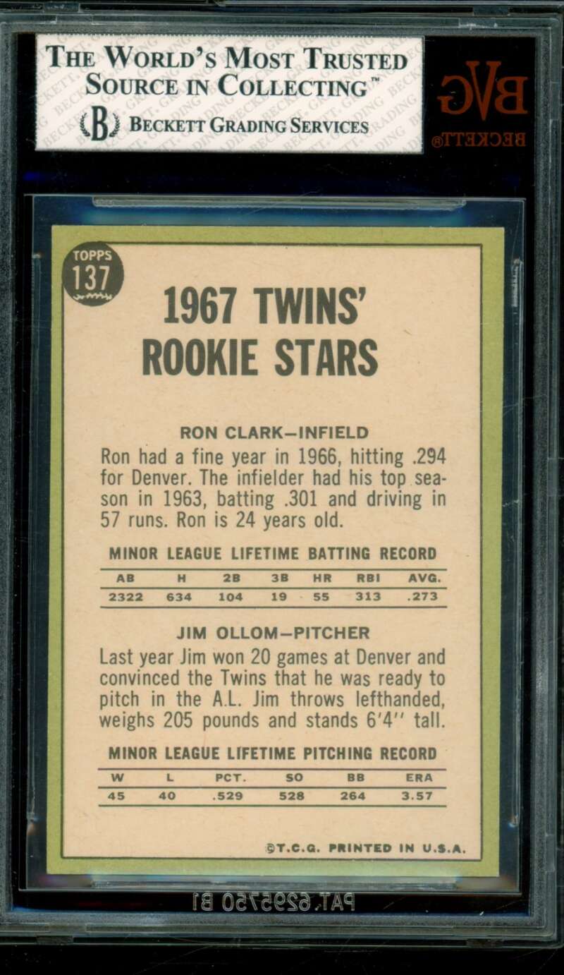 Ron Clark/Jim Ollom Rookie Card 1967 Topps #137 BGS BVG 8 Image 2