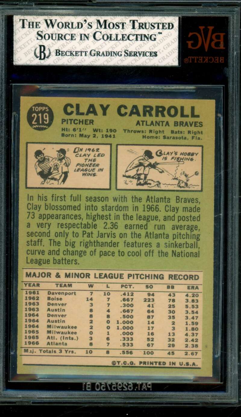 Clay Carroll Card 1967 Topps #219 BGS BVG 8 Image 2