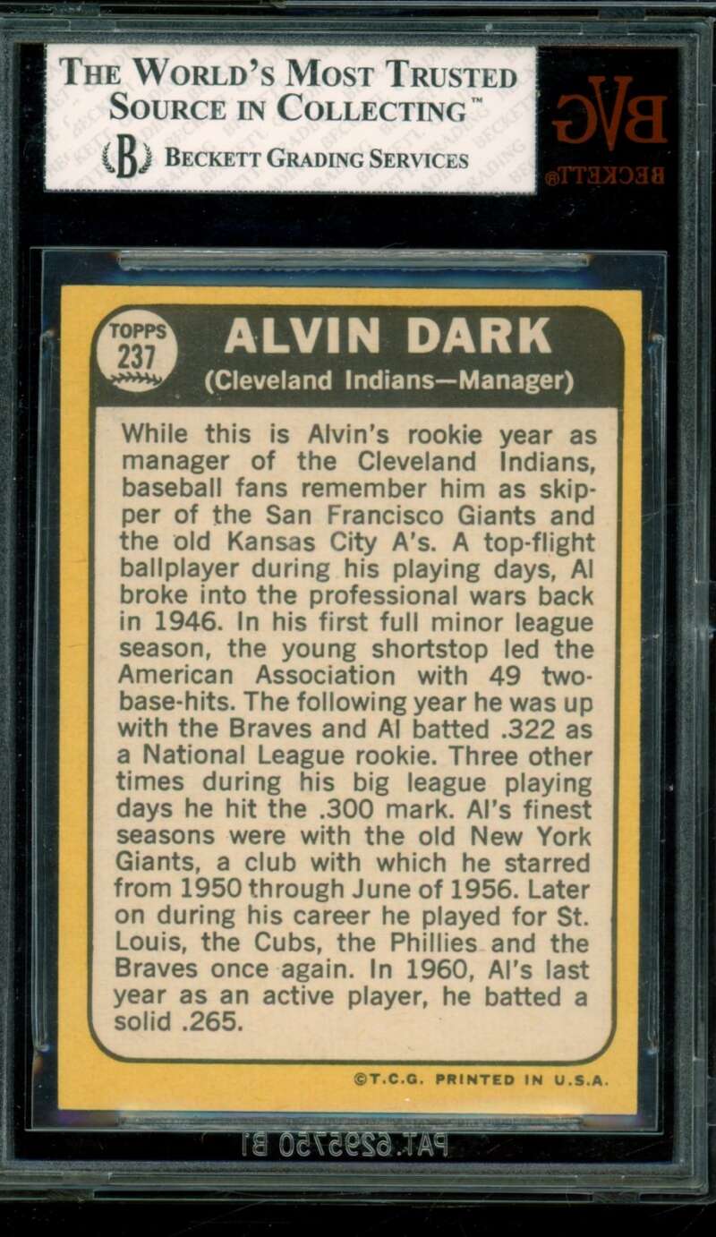 Alvin Dark Card 1968 Topps #237 BGS BVG 8 Image 2
