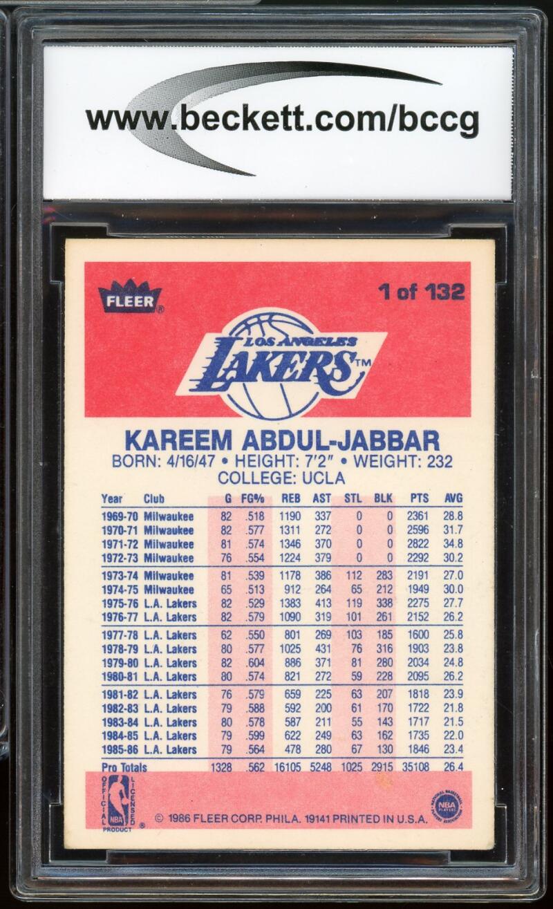 1986-87 Fleer #1 Kareem Abdul-Jabbar Card BGS BCCG 8 Excellent+ Image 2