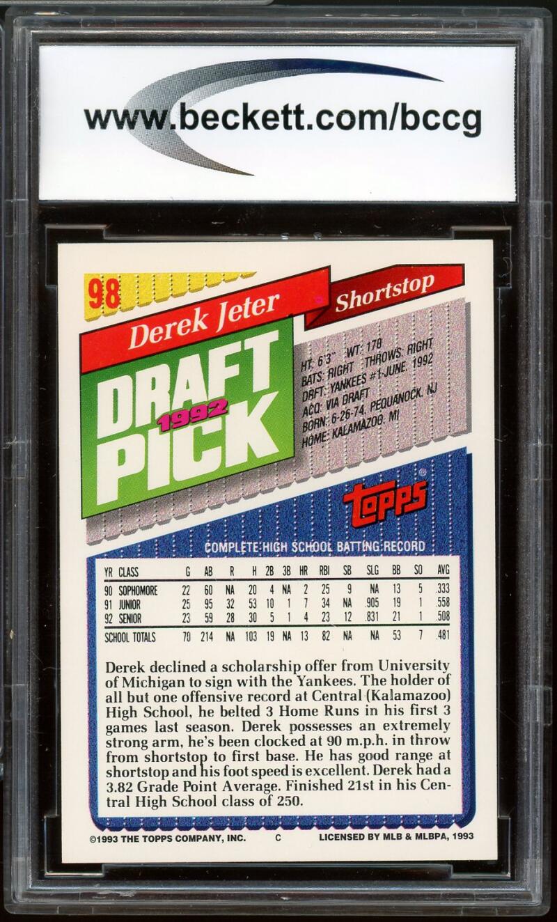 1993 Topps #98 Derek Jeter Rookie Card BGS BCCG 10 Mint+ Image 2