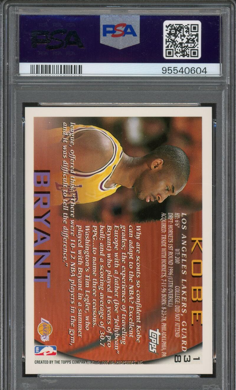 Kobe Bryant Rookie Card 1996-97 Topps #138 PSA 9 Image 2