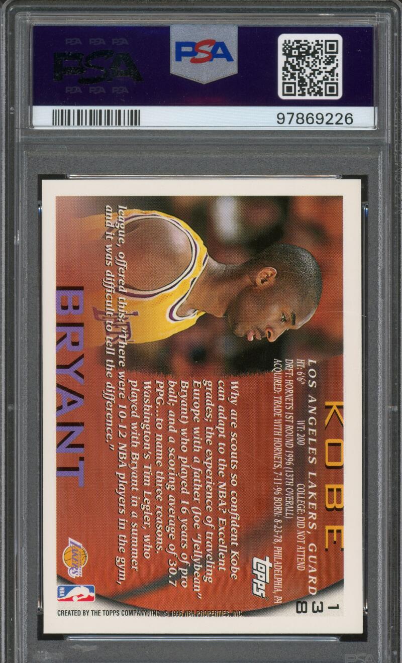 Kobe Bryant Rookie Card 1996-97 Topps #138 PSA 9 Image 2