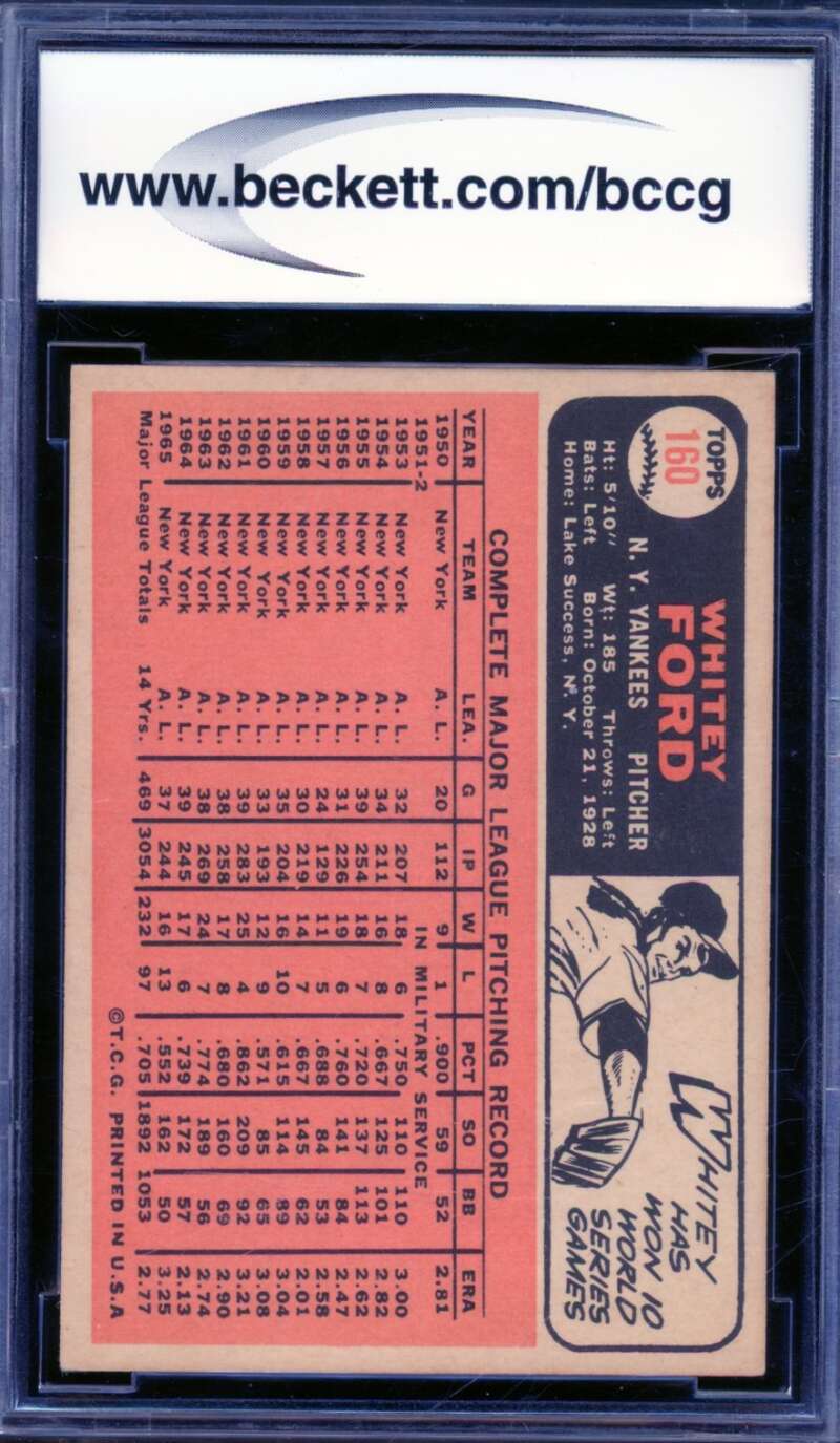 1966 Topps #160 Whitey Ford Card BGS BCCG 9 Near Mint+ Image 2