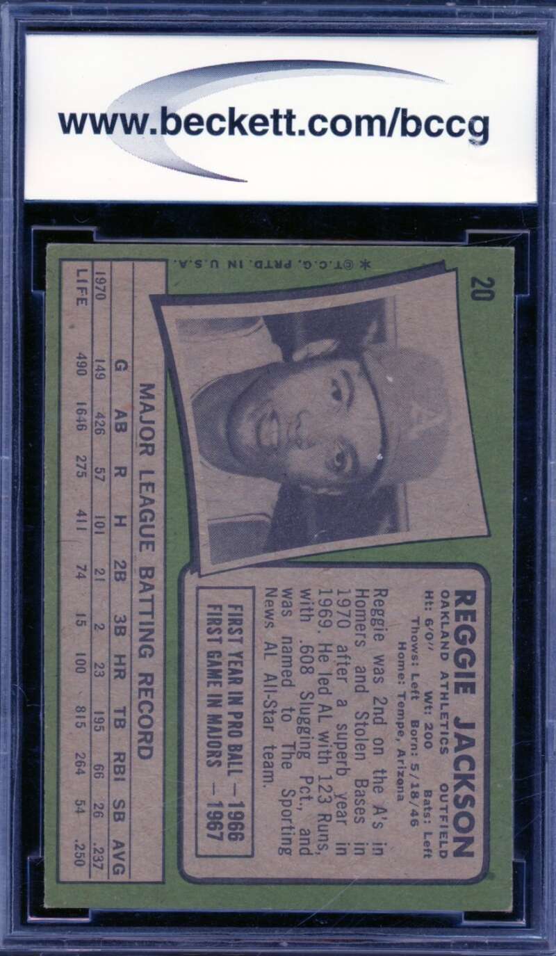 1971 Topps #20 Reggie Jackson Card BGS BCCG 9 Near Mint+ Image 2