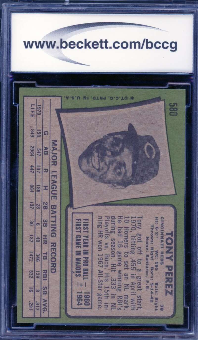 1971 Topps #580 Tony Perez Card BGS BCCG 9 Near Mint+ Image 2