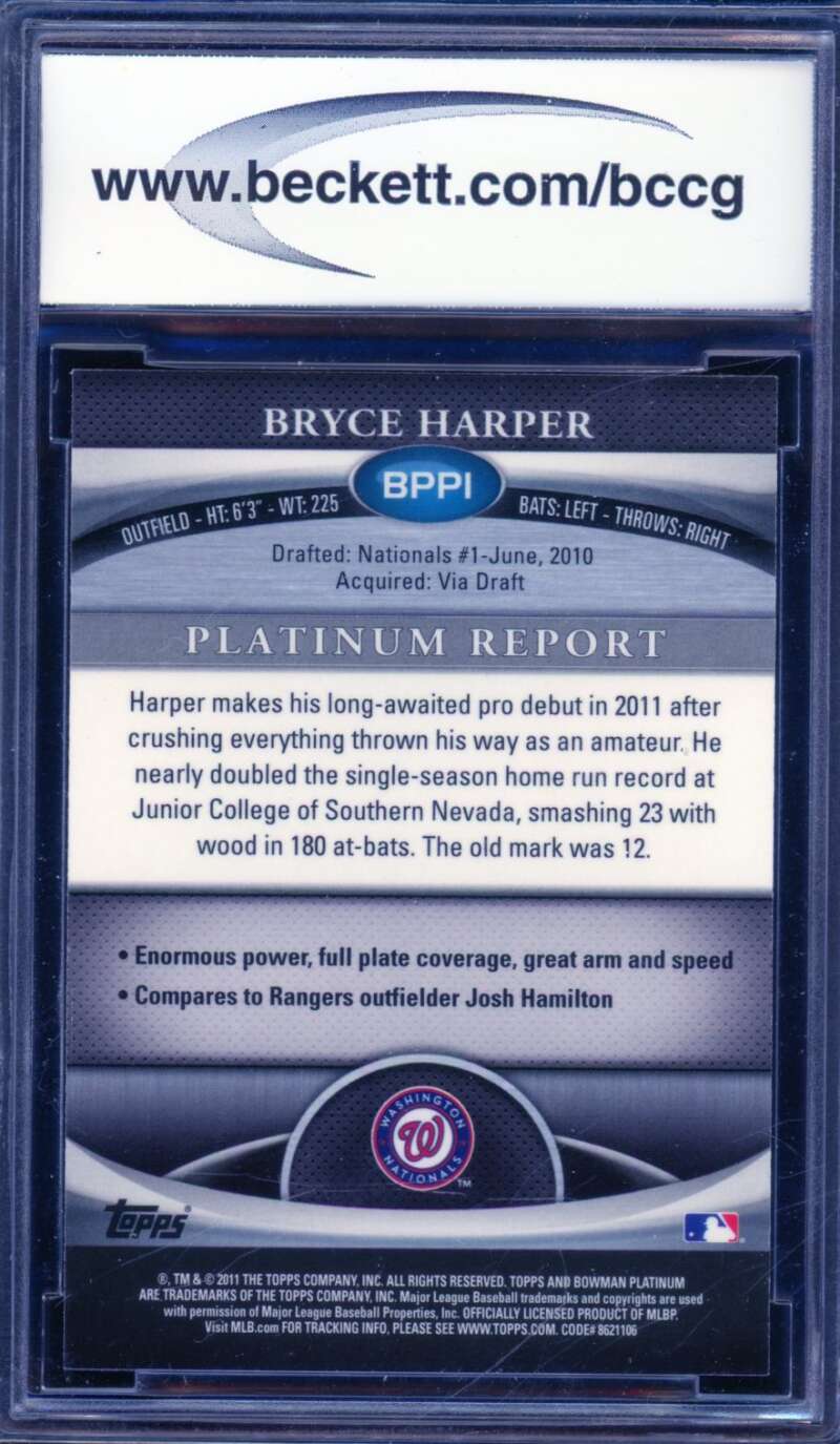 2011 Bowman Platinum Prospects Ref #BPP1 Bryce Harper Rookie BGS BCCG 10 Mint+ Image 2