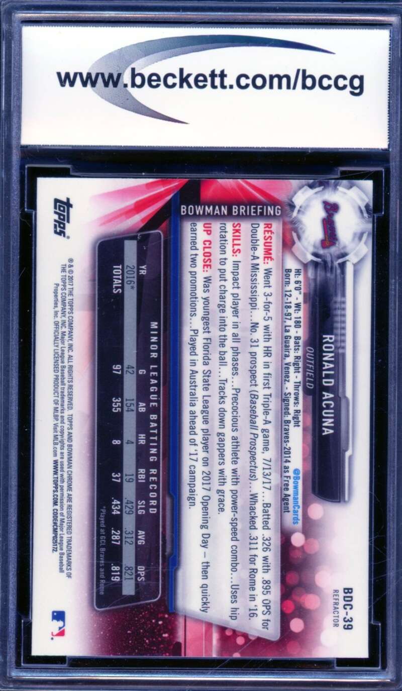 2017 Bowman Chrome Draft Refractors #39 Ronald Acuna Rookie BGS BCCG 10 Mint+ Image 2