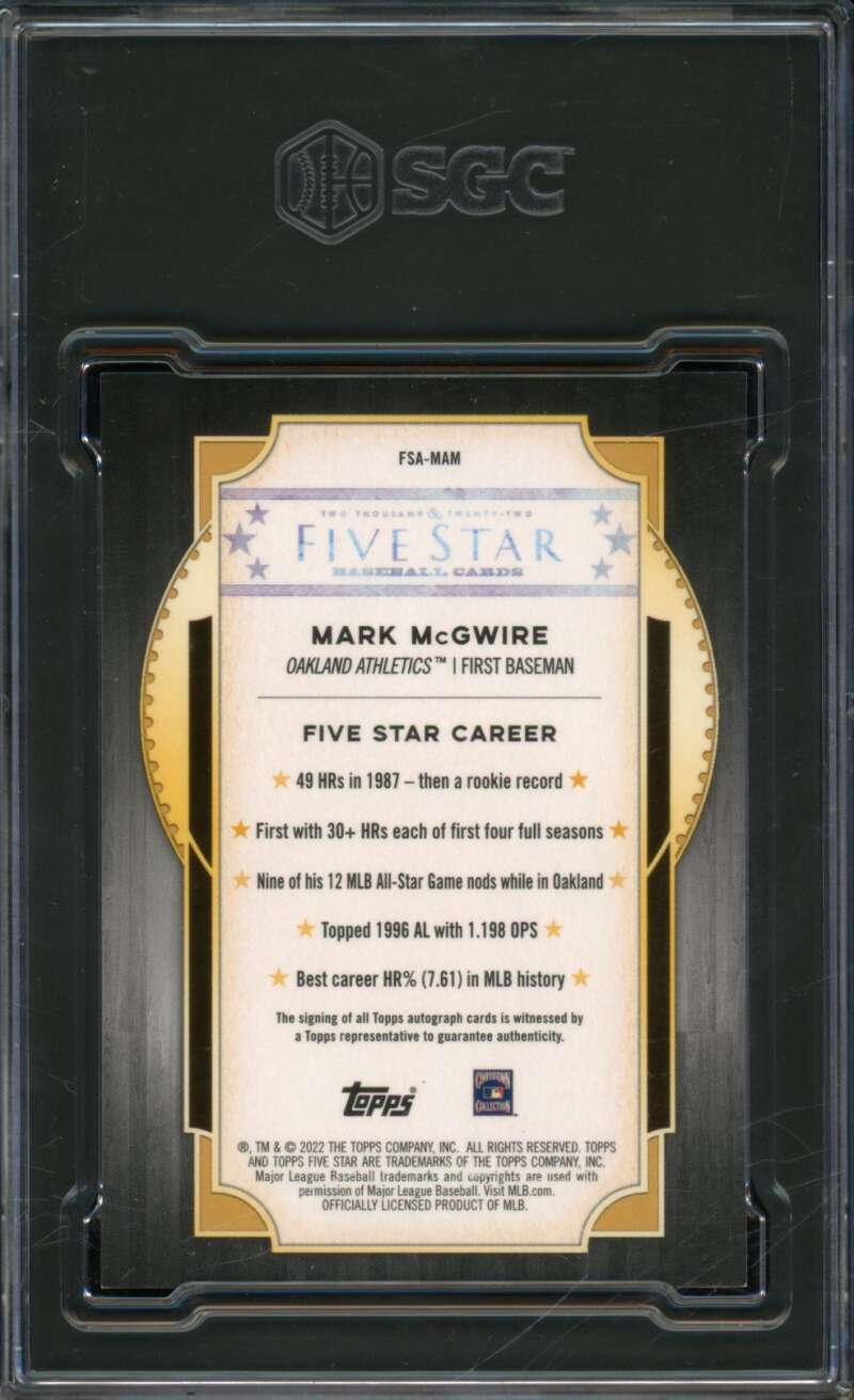 Mark McGwire Card 2022 Topps Five Star Autographed #FSA-MAM SGC 9 Image 2