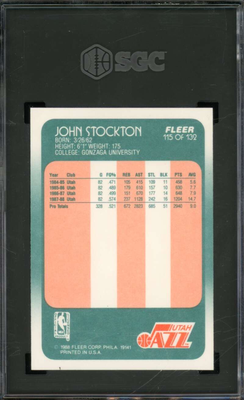 John Stockton Rookie Card 1988-89 Fleer #115 SGC 8.5 Image 2