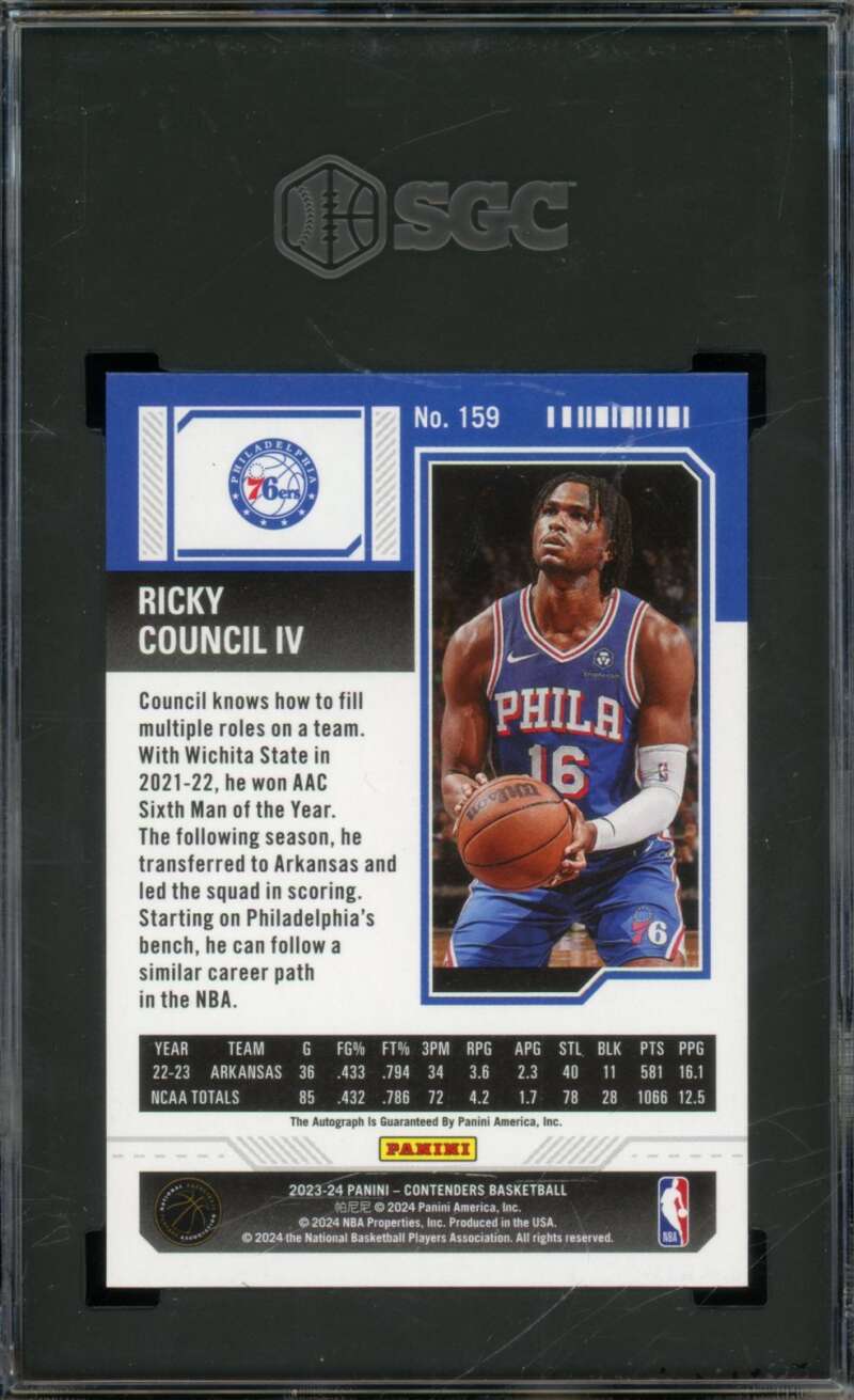 Ricky Council 2023-24 Panini Contenders Autographed Rookie Ticket #159 SGC 9 Image 2