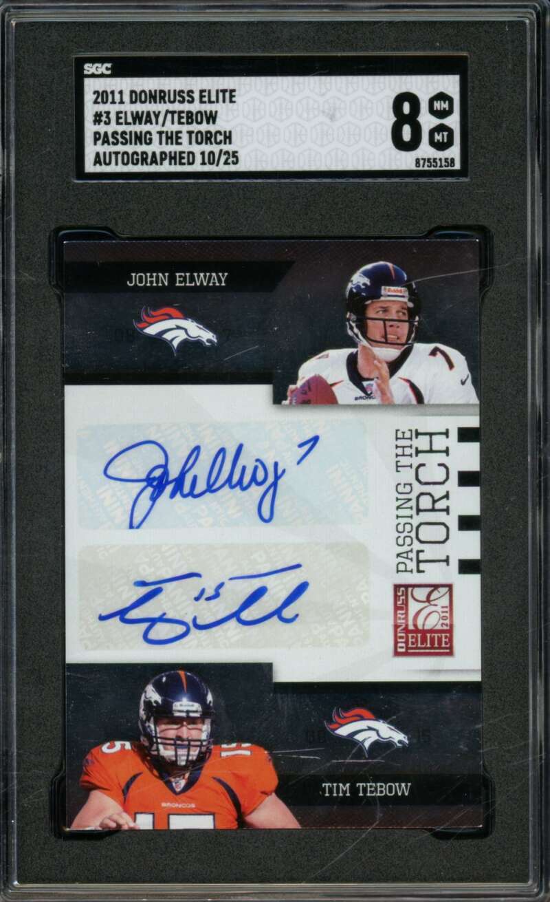 John Elway/Tim Tebow 2011 Donruss Elite Passing The Autographed (10/25) #3 SGC 8 Image 1