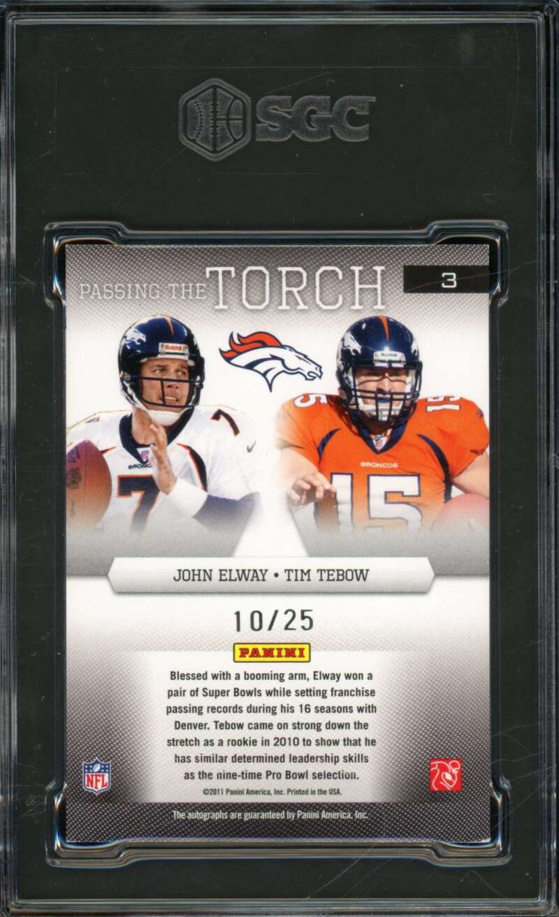 John Elway/Tim Tebow 2011 Donruss Elite Passing The Autographed (10/25) #3 SGC 8 Image 2