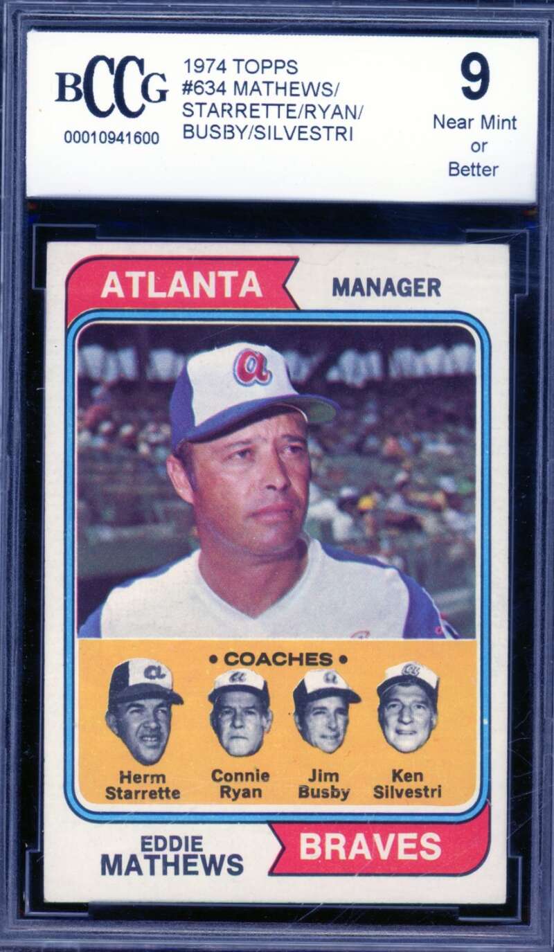 Eddie Mathews Manager Card 1974 Topps #634 BGS BCCG 9 Image 1