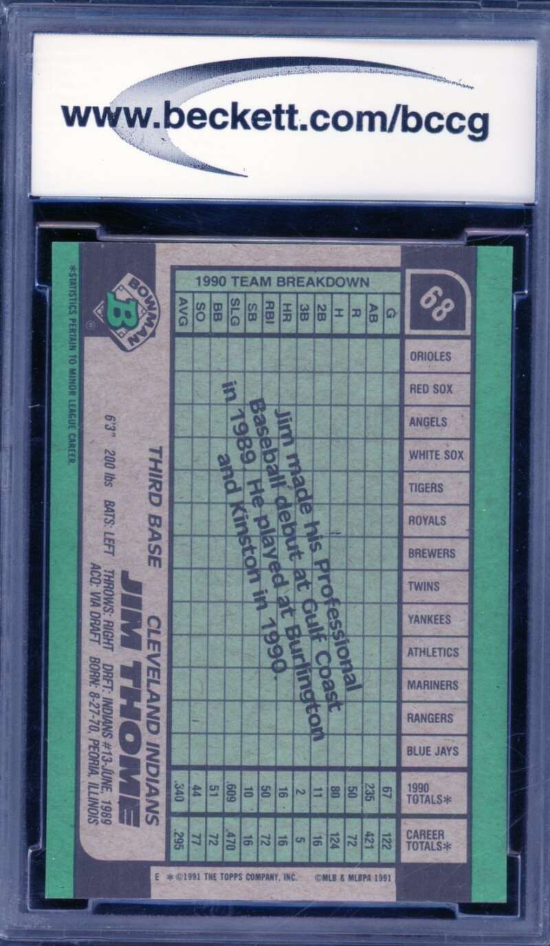 Jim Thome Rookie Card 1991 Bowman #68 BGS BCCG 10 Image 2