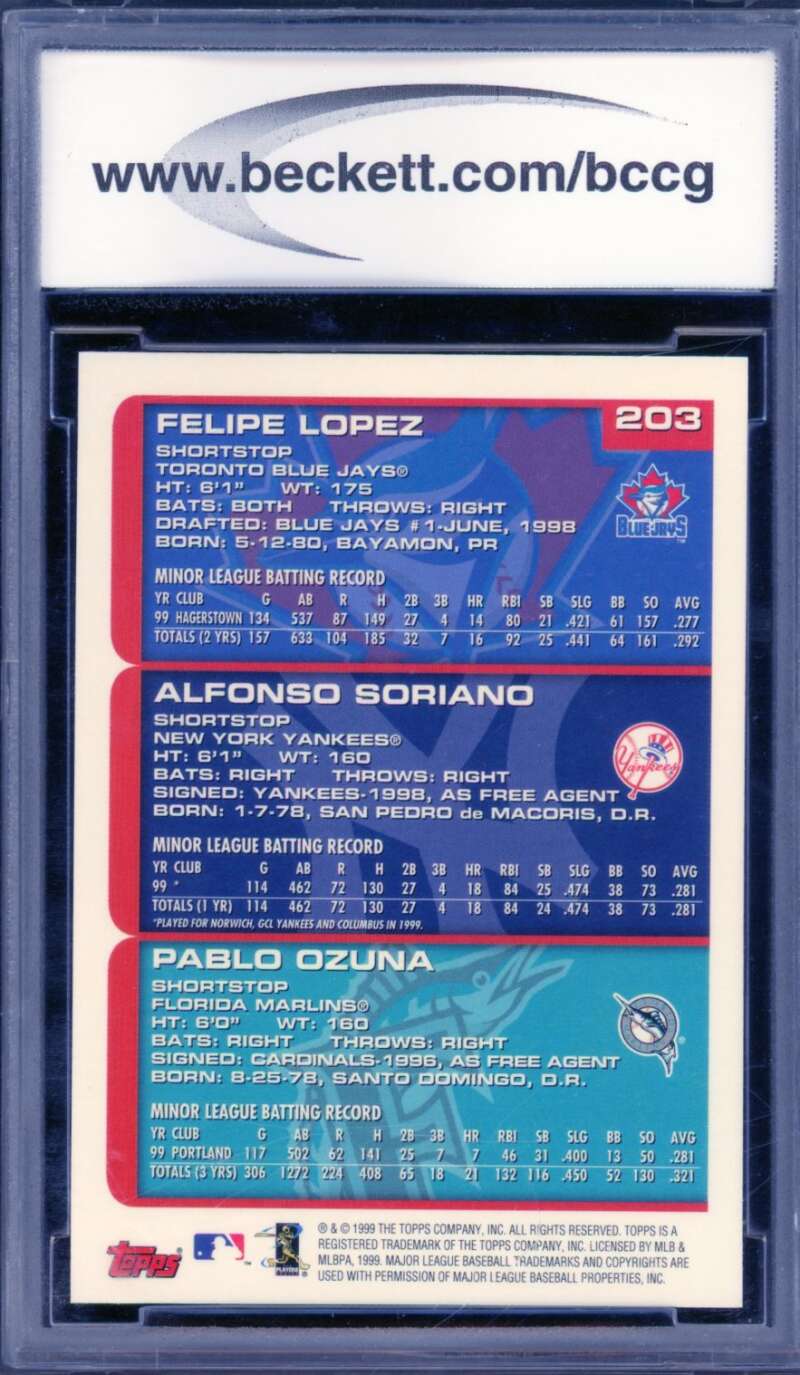 Alfonso Soriano Rookie Card 2000 Topps #203 BGS BCCG 9 Image 2