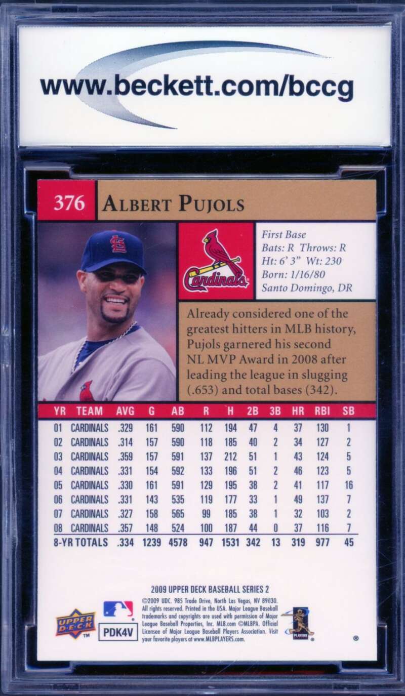 Albert Pujols Card 2009 UD First Edition #376 BGS BCCG 10 Image 2