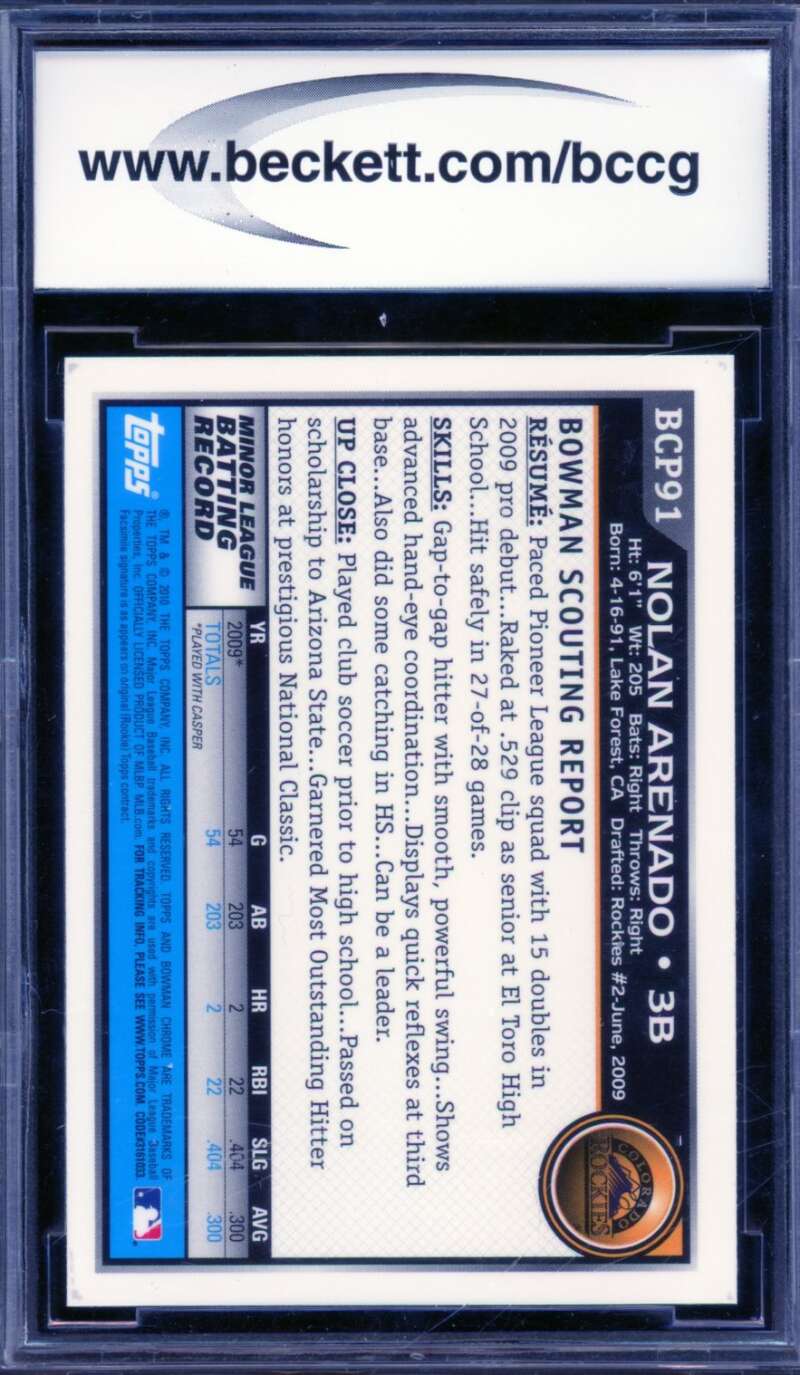 Nolan Arenado Rookie Card 2010 Bowman Chrome Prospects #BCP91A BGS BCCG 9 Image 2