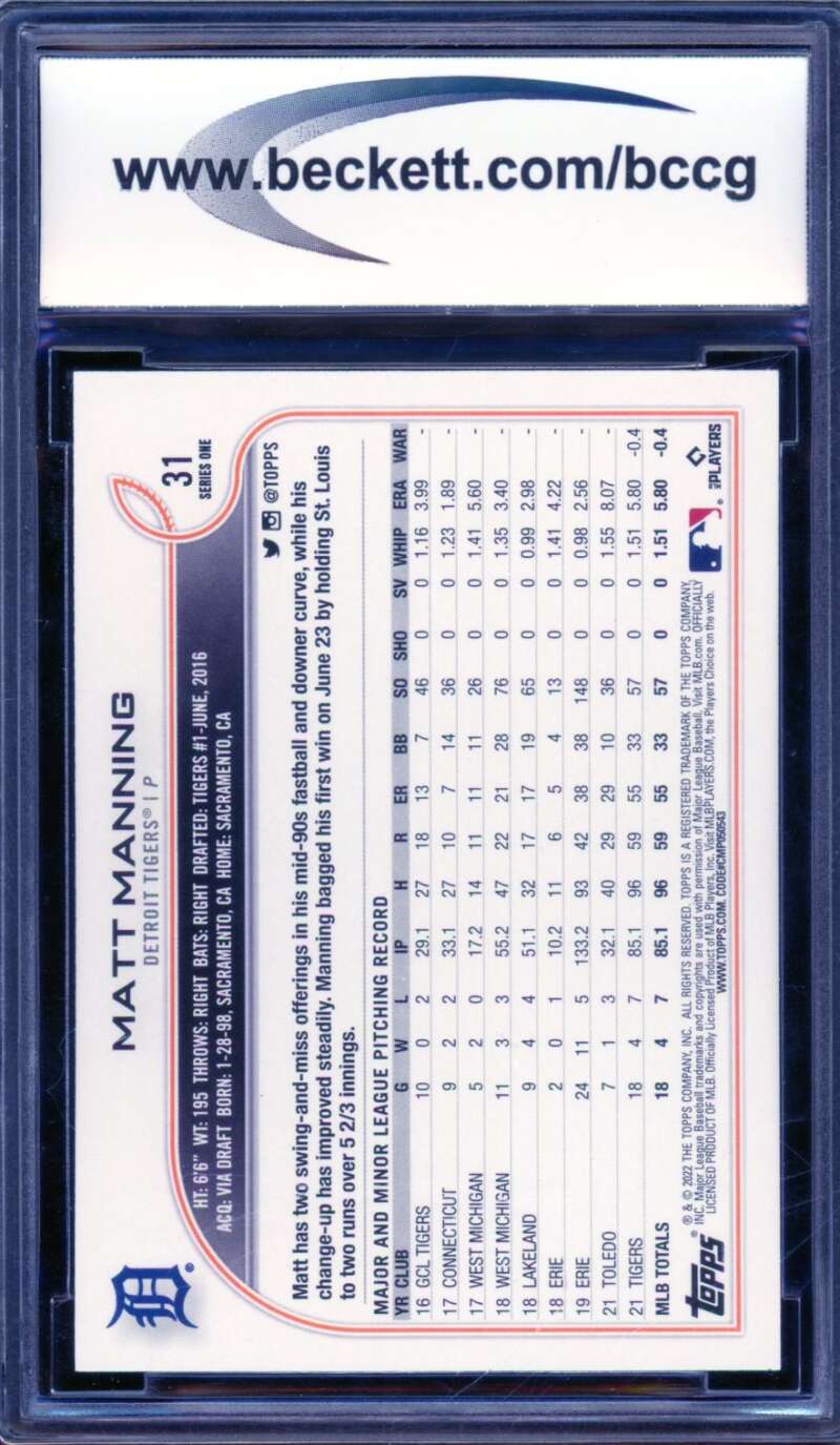 Matt Manning Rookie Card 2022 Topps #31 BGS BCCG 10 Image 2