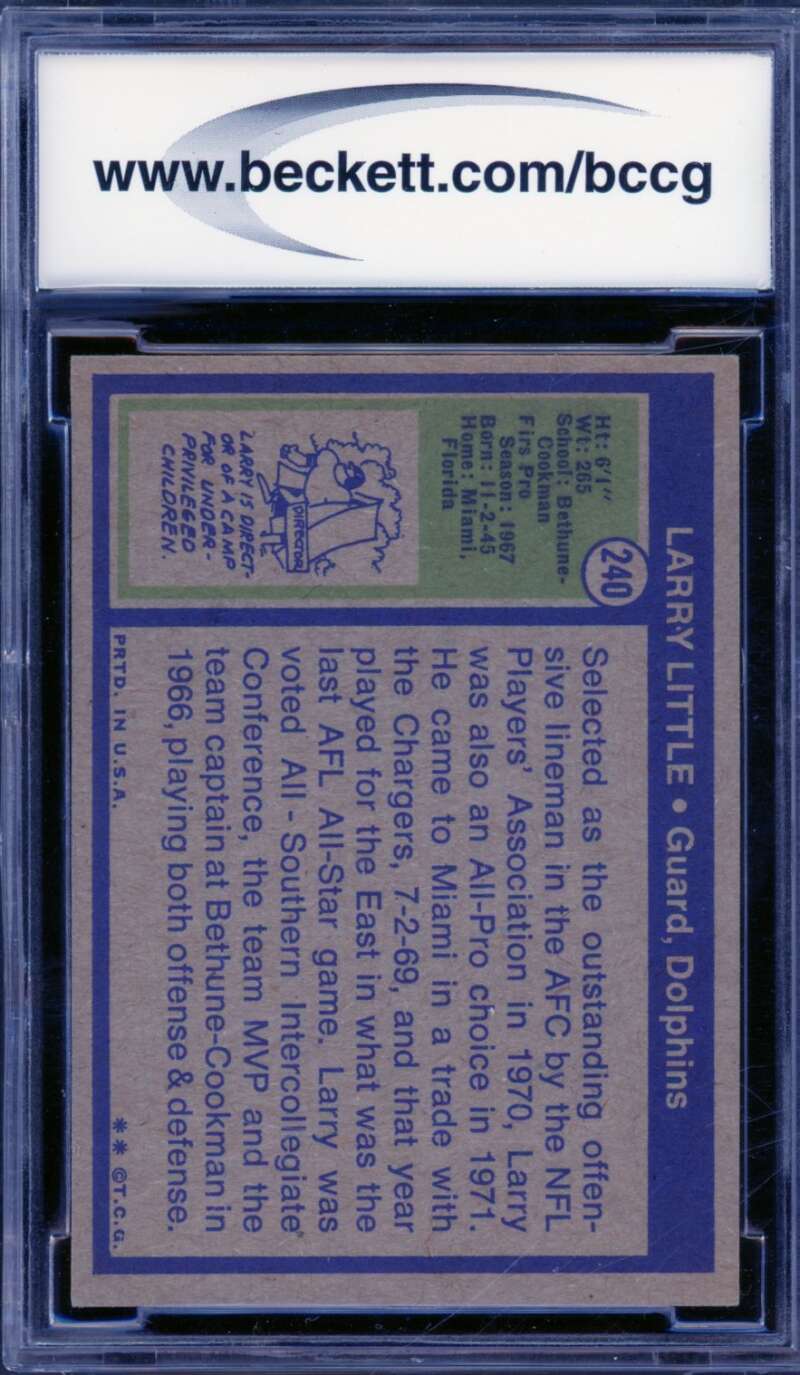 Larry Little Rookie Card 1972 Topps #240 BGS BCCG 8 Image 2