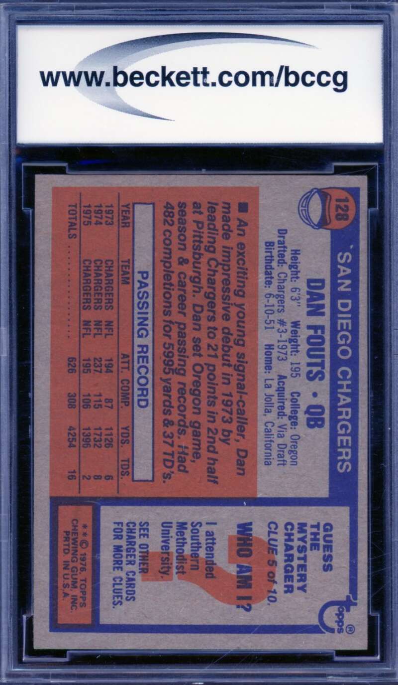 Dan Fouts Rookie Card 1976 Topps #128 BGS BCCG 9 Image 2