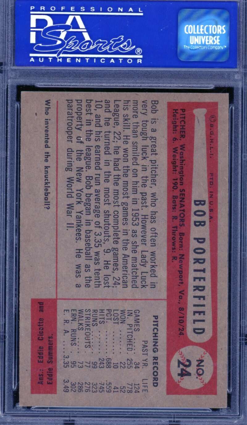 Bob Porterfield Card 1954 Bowman #24 PSA 8 Image 2