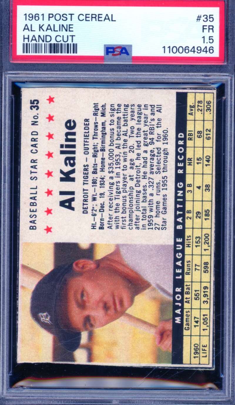 Al Kaline Card 1961 Post Cereal Hand Cut #35 PSA 1.5 Image 1