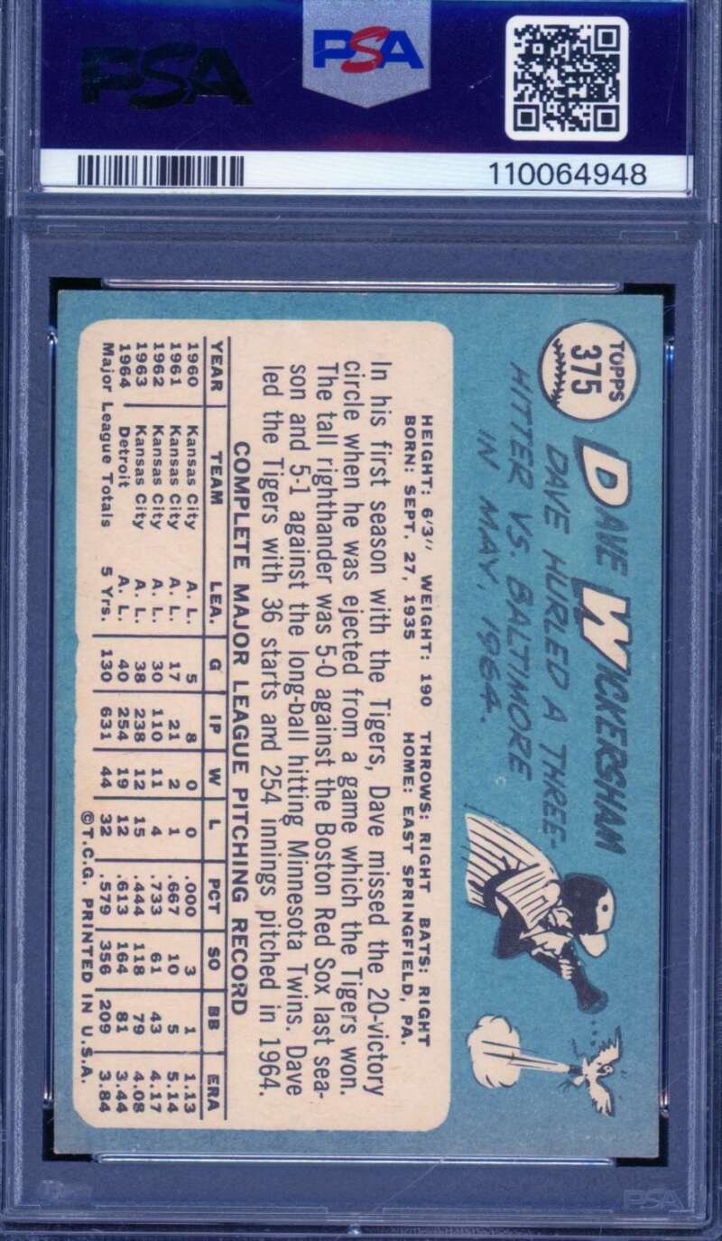 Dave Wickersham Card 1965 Topps #375 PSA 5.5 Image 2