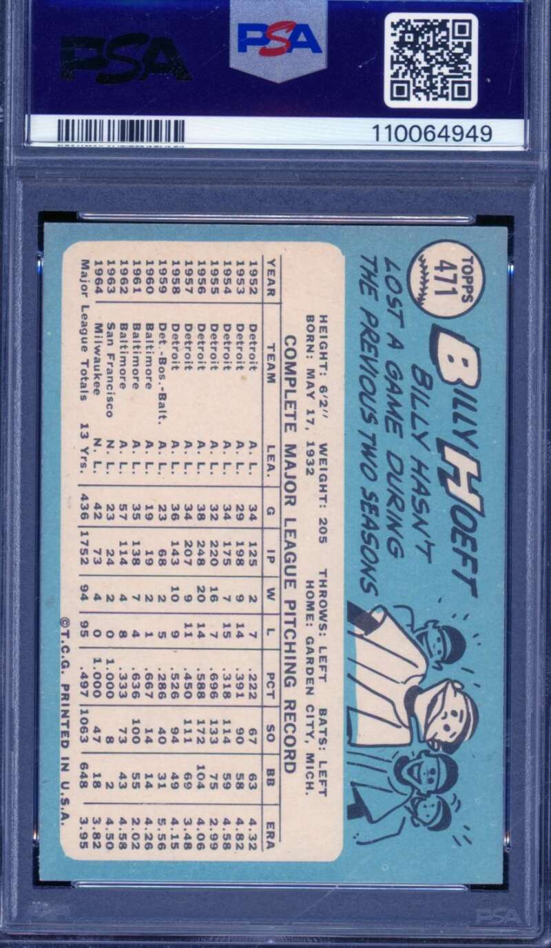 Billy Hoeft Card 1965 Topps #471 PSA 6 Image 2