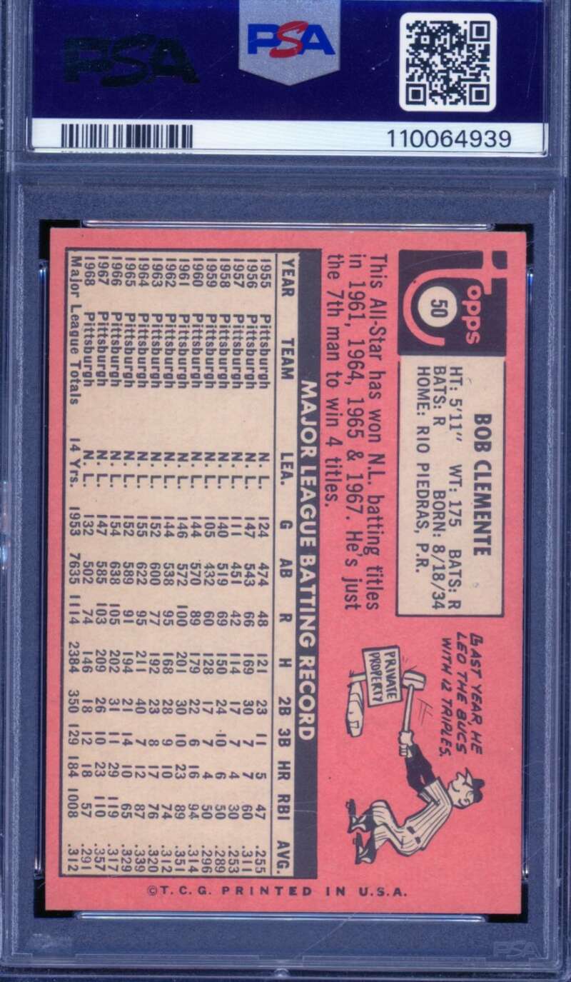 Roberto Clemente Card 1969 Topps #50 PSA 6 Image 2