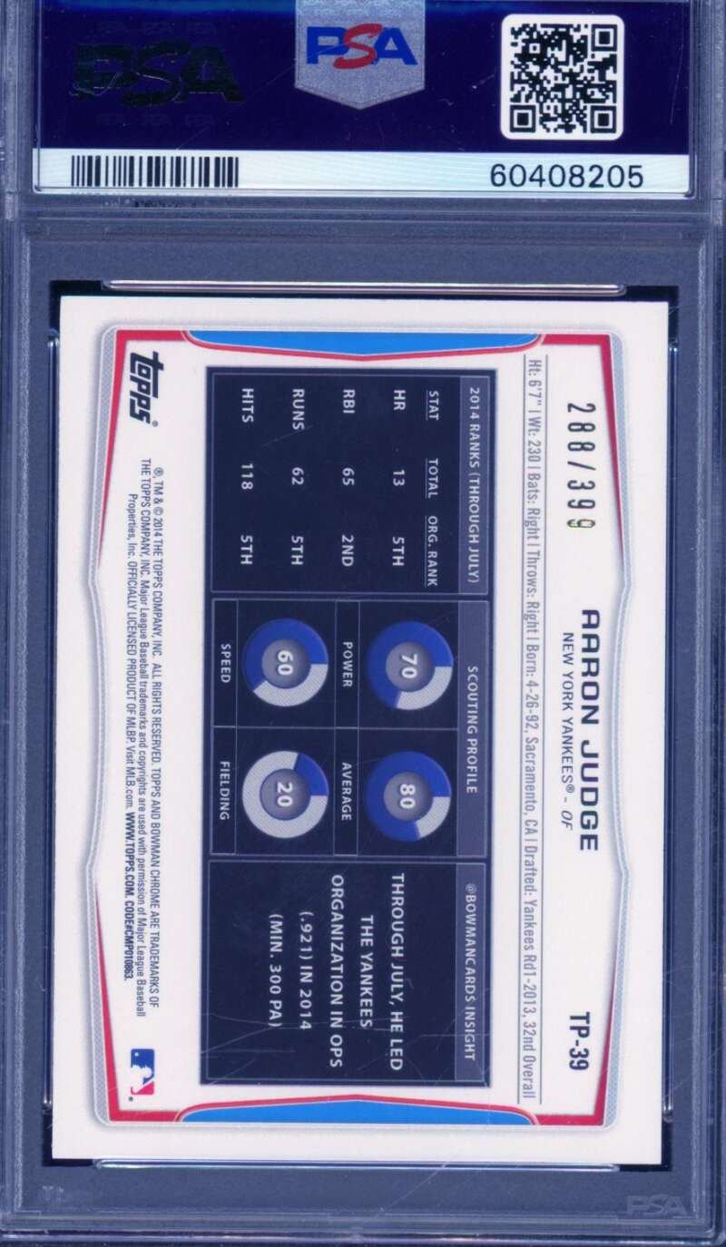 Aaron Judge Rookie Card 2014 Bowman Draft Picks Top Prospects Blue #TP39 PSA 9 Image 2
