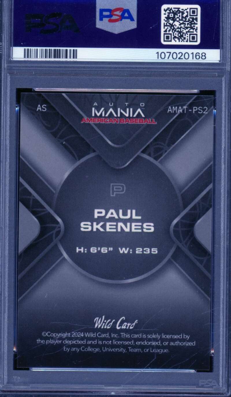 Paul Skenes Rookie Card 2024 WC Auto Mania Lazer (1 of 1) (1/1) #PS2 PSA 10 Image 2