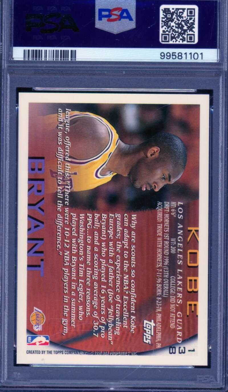 Kobe Bryant Rookie Card 1996-97 Topps #138 PSA 9 Image 2