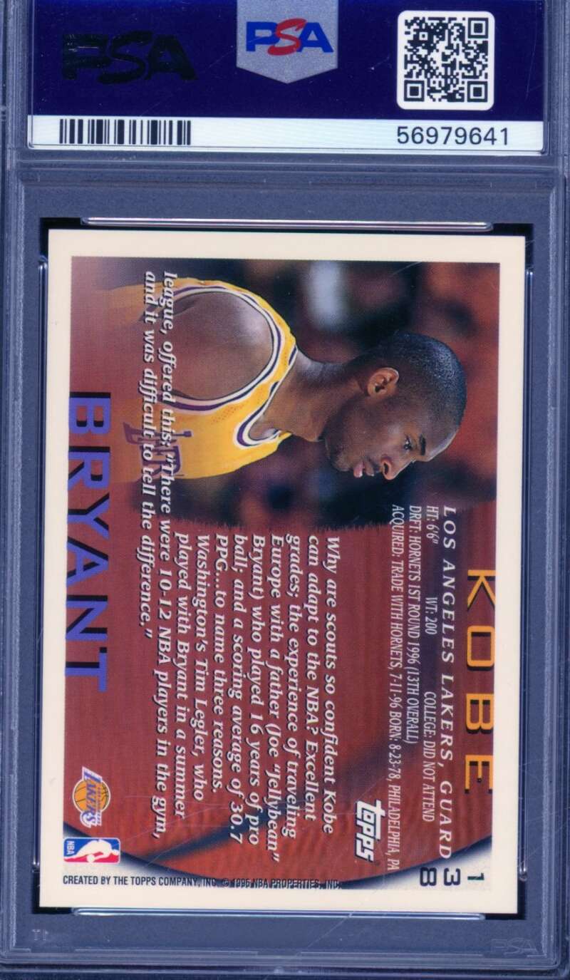 Kobe Bryant Rookie Card 1996-97 Topps #138 PSA 9 Image 2