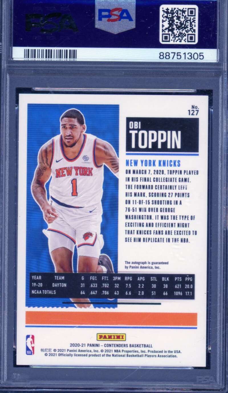 Obi Toppin Rookie 2020-21 Contenders Auto Playoff Ticket (pop 6) #127 PSA 10 Image 2