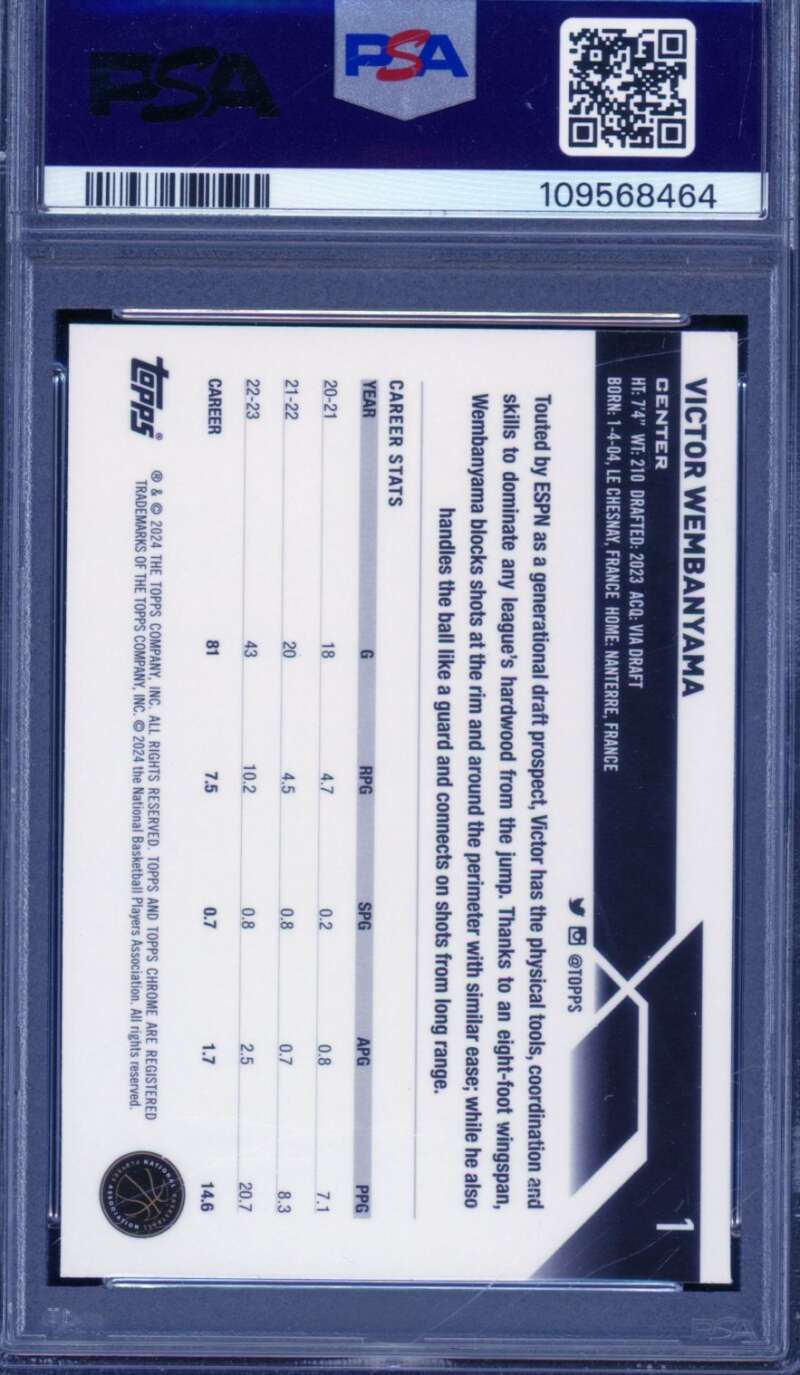 Victor Wembanyama Rookie Card 2023-24 Topps Chrome #1 PSA 10 Image 2