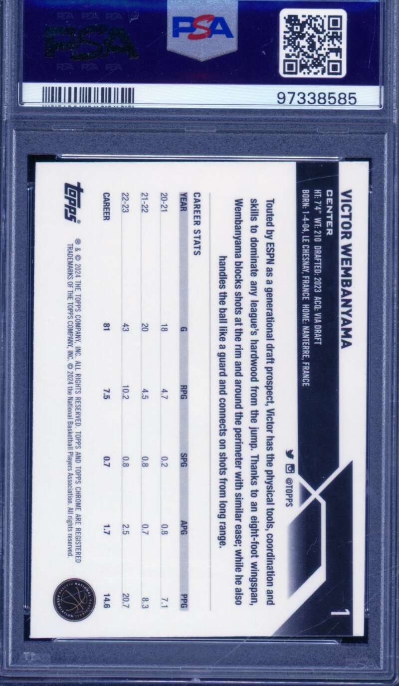 Victor Wembanyama Rookie Card 2023-24 Topps Chrome #Pink Refractor #1 PSA 9 Image 2