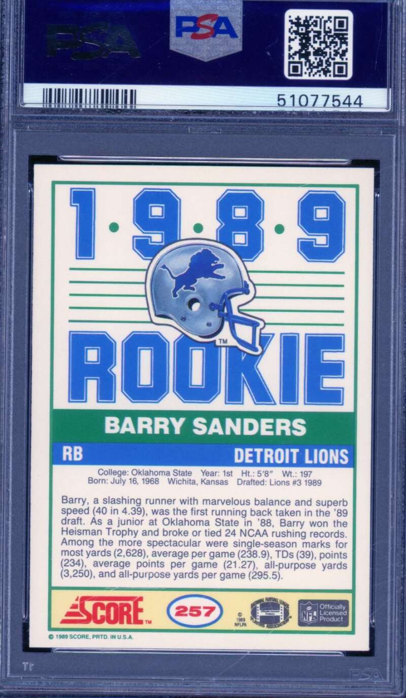 Barry Sanders Rookie Card 1989 Score #257 PSA 9 Image 2