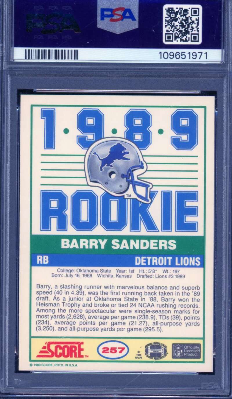 Barry Sanders Rookie Card 1989 Score #257 PSA 9 Image 2