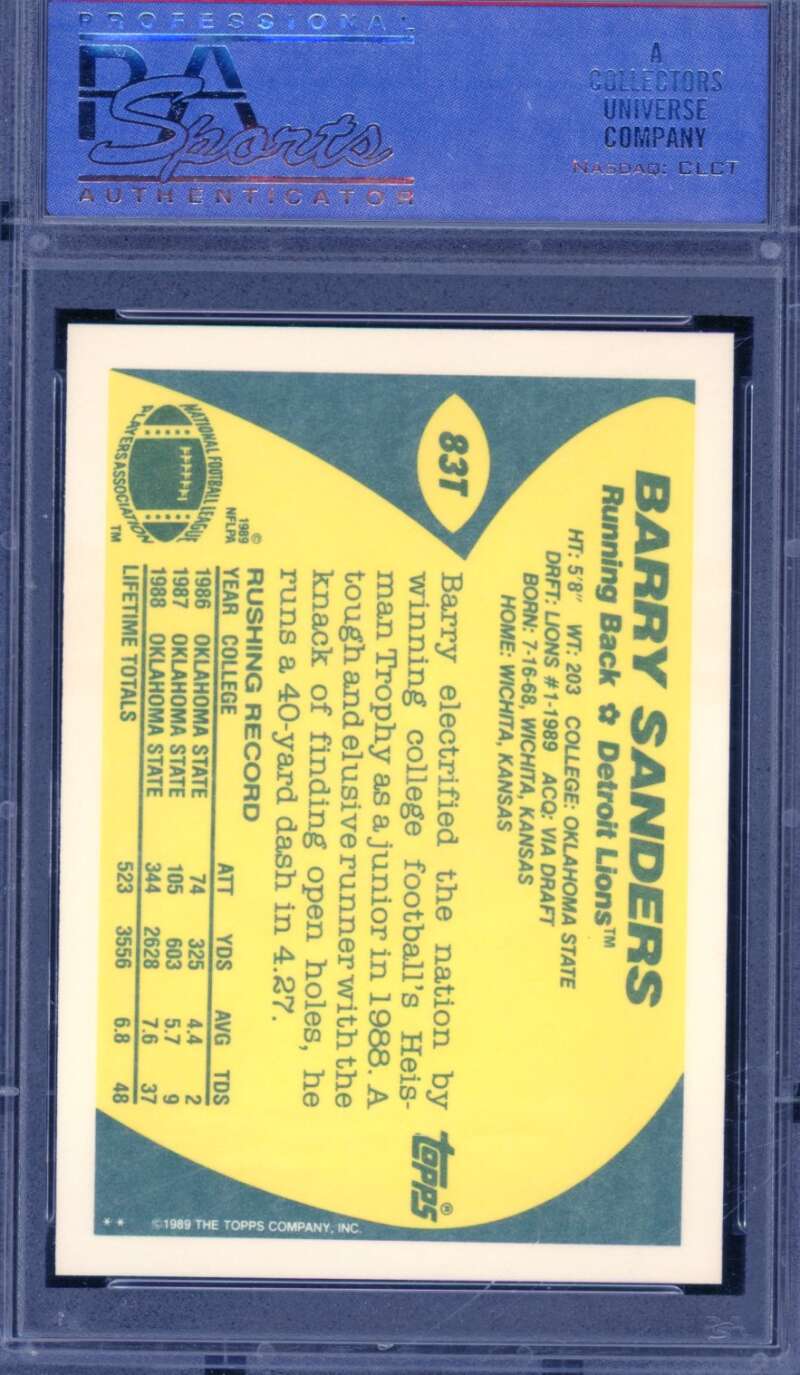 Barry Sanders Rookie Card 1989 Topps Traded #83T PSA 9 (Light holder scratches) Image 2