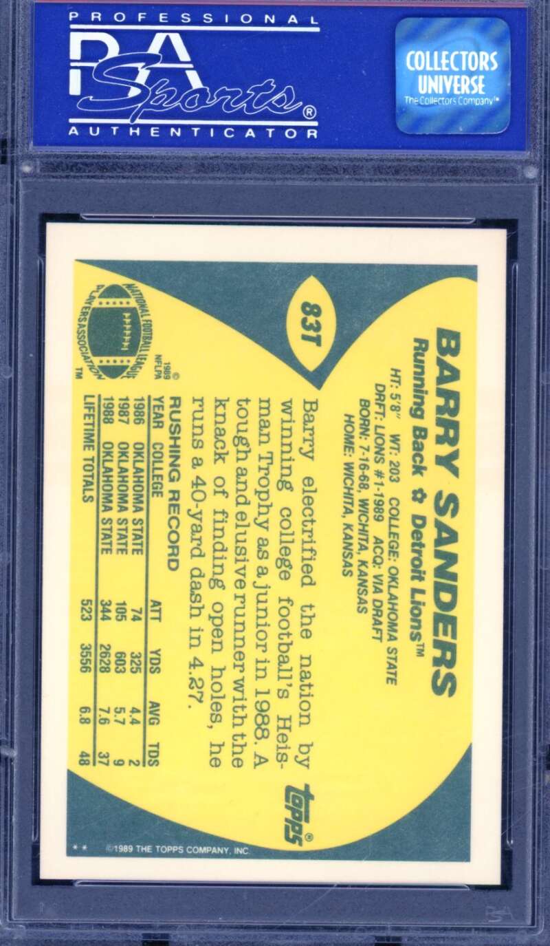 Barry Sanders Rookie Card 1989 Topps Traded #83T PSA 9 (Light holder scratches) Image 2