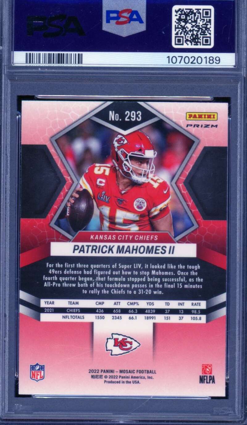 Patrick Mahomes II Card 2022 Mosaic Camo Pink #293 PSA 10 Image 2