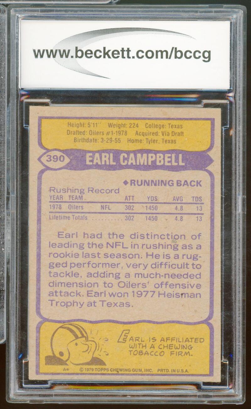 1979 Topps #390 Earl Campbell Rookie Card BGS BCCG 9 Near Mint+ Image 2
