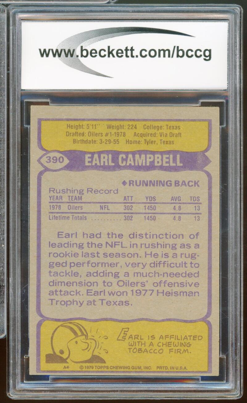 1979 Topps #390 Earl Campbell Rookie Card BGS BCCG 9 Near Mint+ Image 2
