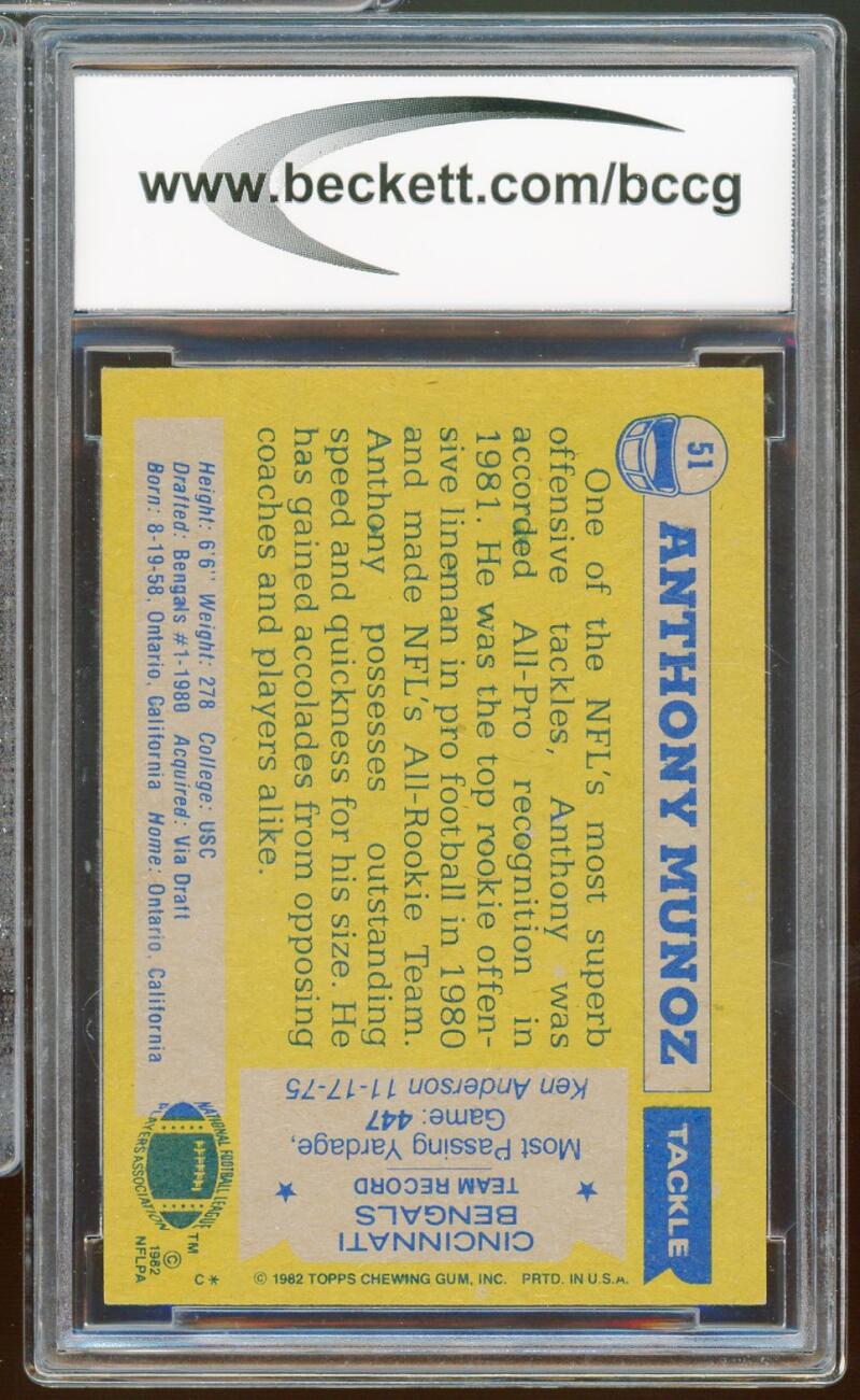 1982 Topps #51 Anthony Munoz Rookie Card BGS BCCG 9 Near Mint+ Image 2
