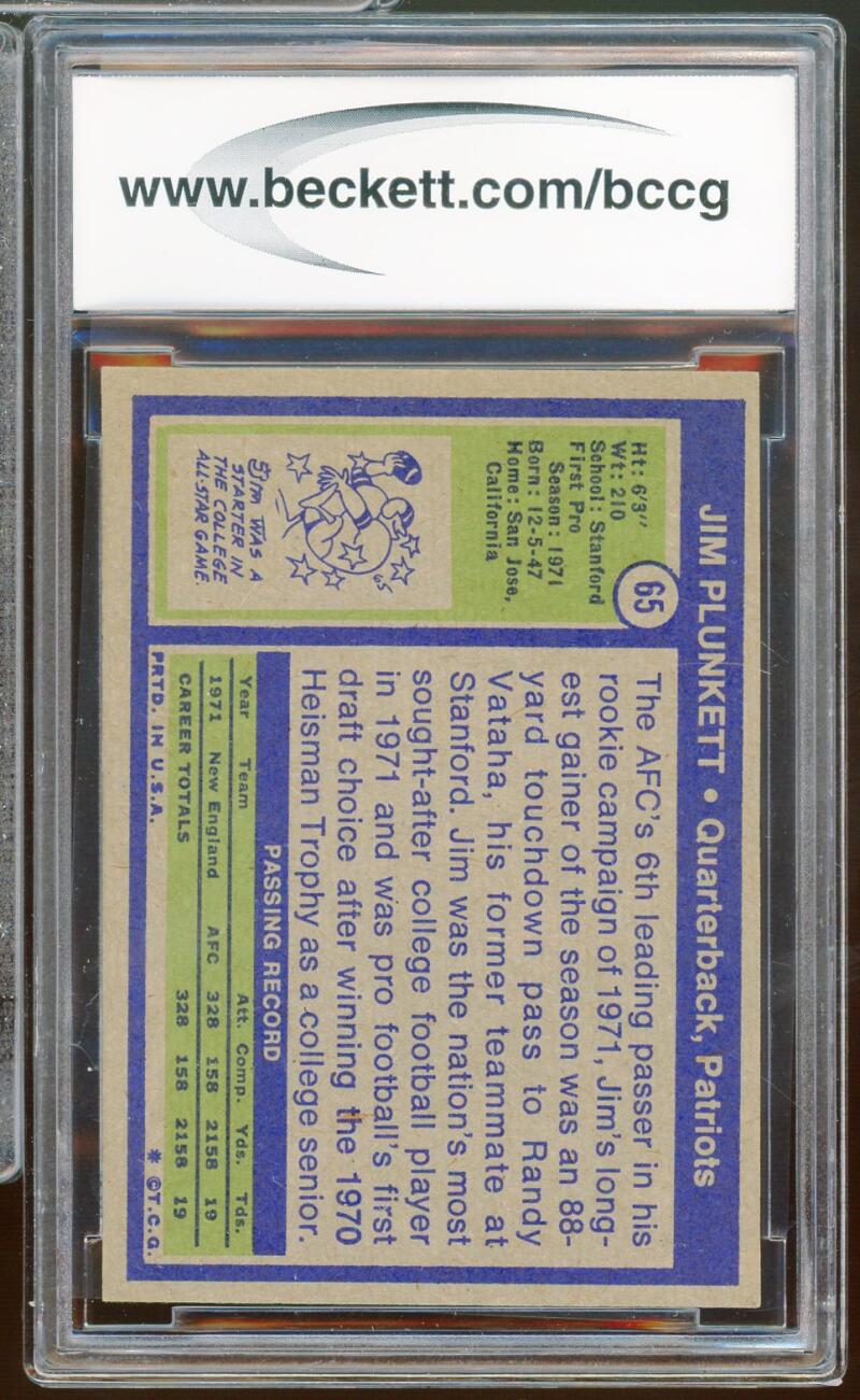 1972 Topps #65 Jim Plunkett Rookie Card BGS BCCG 9 Near Mint+ Image 2