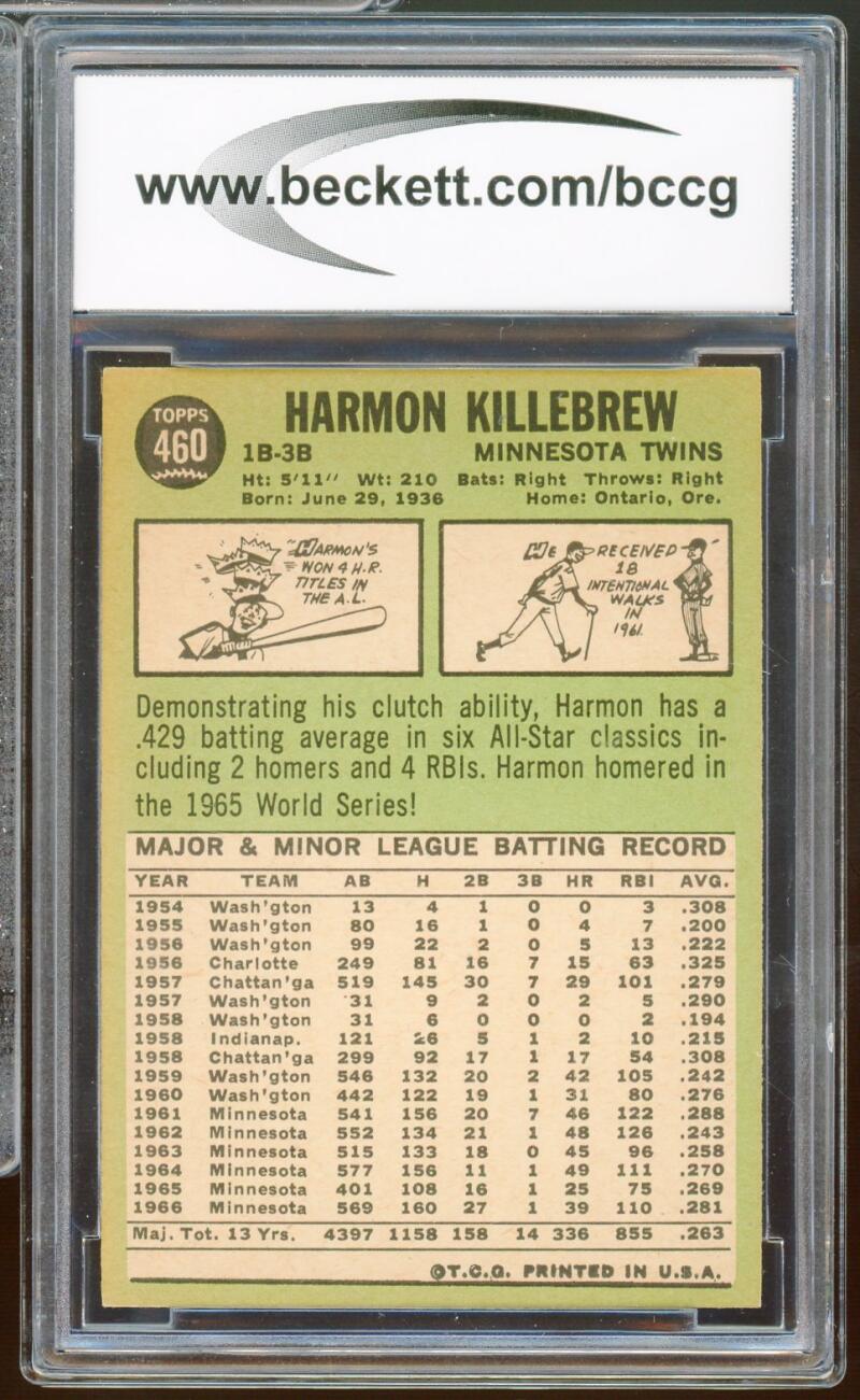 1967 Topps #460 Harmon Killebrew Card BGS BCCG 8 Excellent+ Image 2