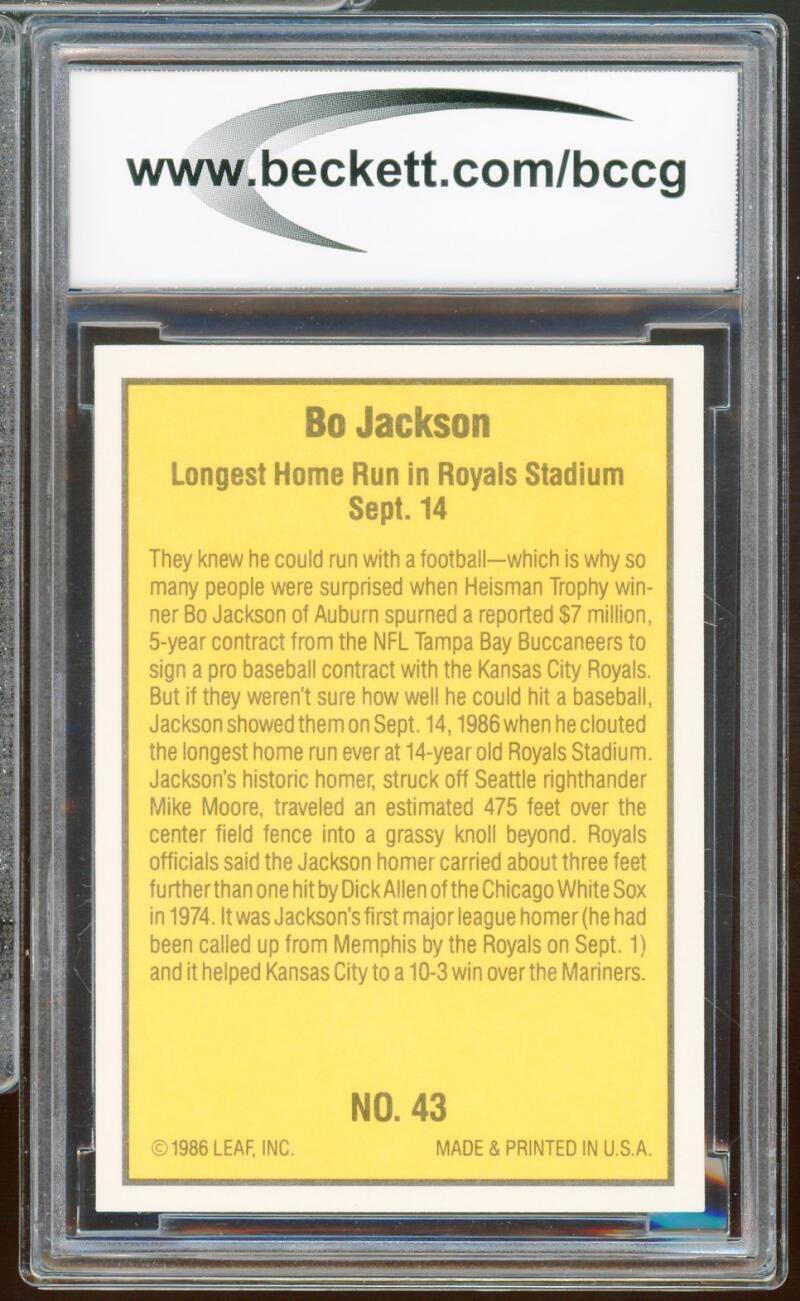 1986 Donruss Highlights #43 Bo Jackson Rookie Card BGS BCCG 10 Mint+ Image 2